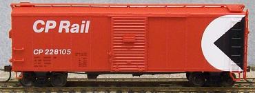 CP Rail 1944 CC&F Box Car with Raised Panel
Roof. Painted Action Red with Large Multi Mark.