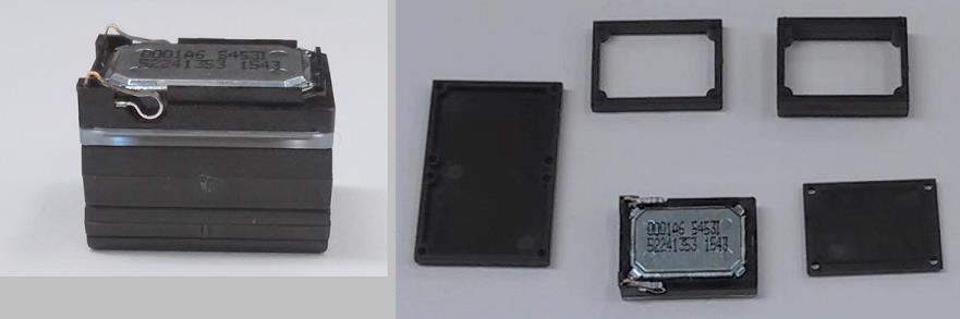 Loudspeaker 11mm x 15mm Square, 8
Ohms. Four piece chamber kit including backplate to mount two speakers.