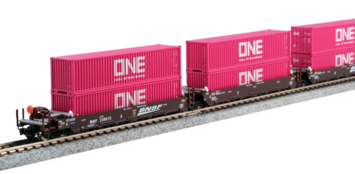  Gunderson Maxi-I 5-Unit Double-Stack
Well Car - BNSF Railway (Boxcar Red, Swoosh logo, 10 40' ONE magenta Containers)

 