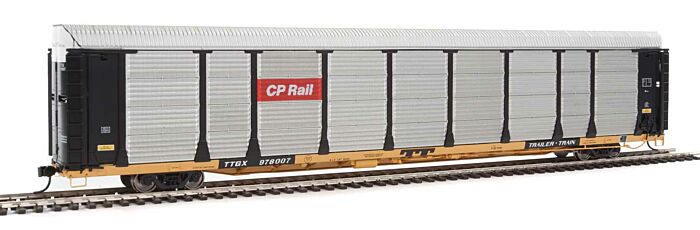 89' Thrall Bi-Level Auto Carrier -
Canadian Pacific TTGX Flatcar (Car: black, silver; Flat: yellow)