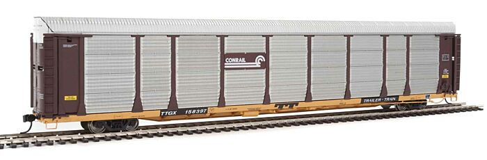 89' Thrall Bi-Level Auto Carrier - Ready
To Run -- Conrail #158397 / TTGX Flatcar (Car: Boxcar Red, silver; Flat: yellow)