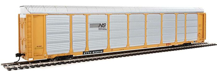 89' Thrall Enclosed Tri-Level Auto Carrier
- Norfolk Southern Rack ETTX Flat (yellow, silver, black)