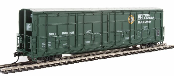 56' Thrall All-Door Boxcar - British
Columbia Railway (green, white, yellow; Dogwood Logo)