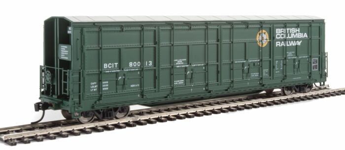 56' Thrall All-Door Boxcar - British
Columbia Railway (green, white, yellow; Dogwood Logo)